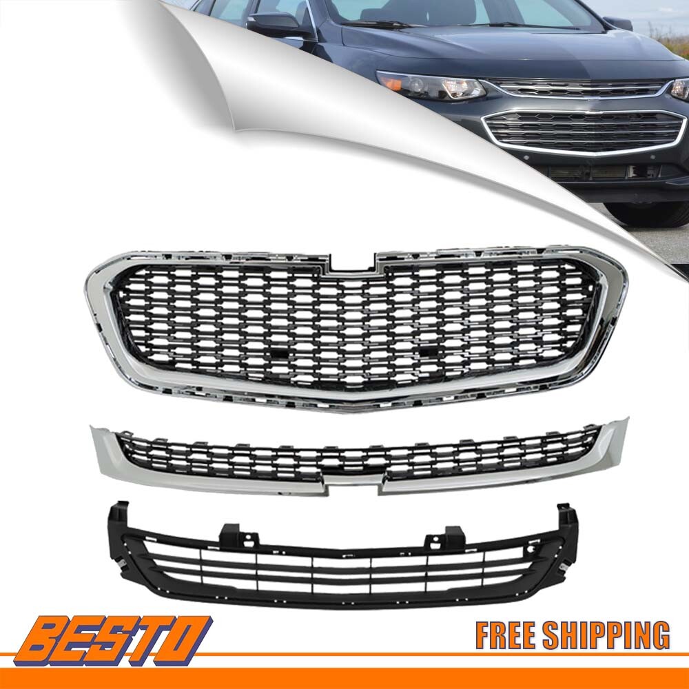 Front Upper/Center/Lower Bumper Grille Grill Set For 2014-2016 Chevy Malibu New