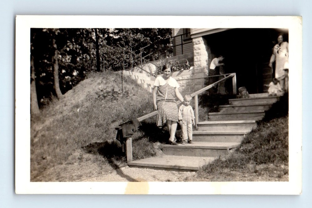 Old Vintage Photo MAN WOMEN AND BOYS OUTSIDE HOUSE ANTIQUE FOUND SNAPSHOT