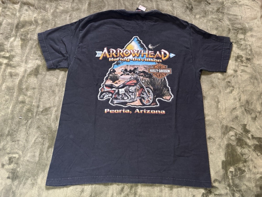 Harley Davidson Shirt Mens Large Black Arrowhead Peoria Arizona Pocket Flame