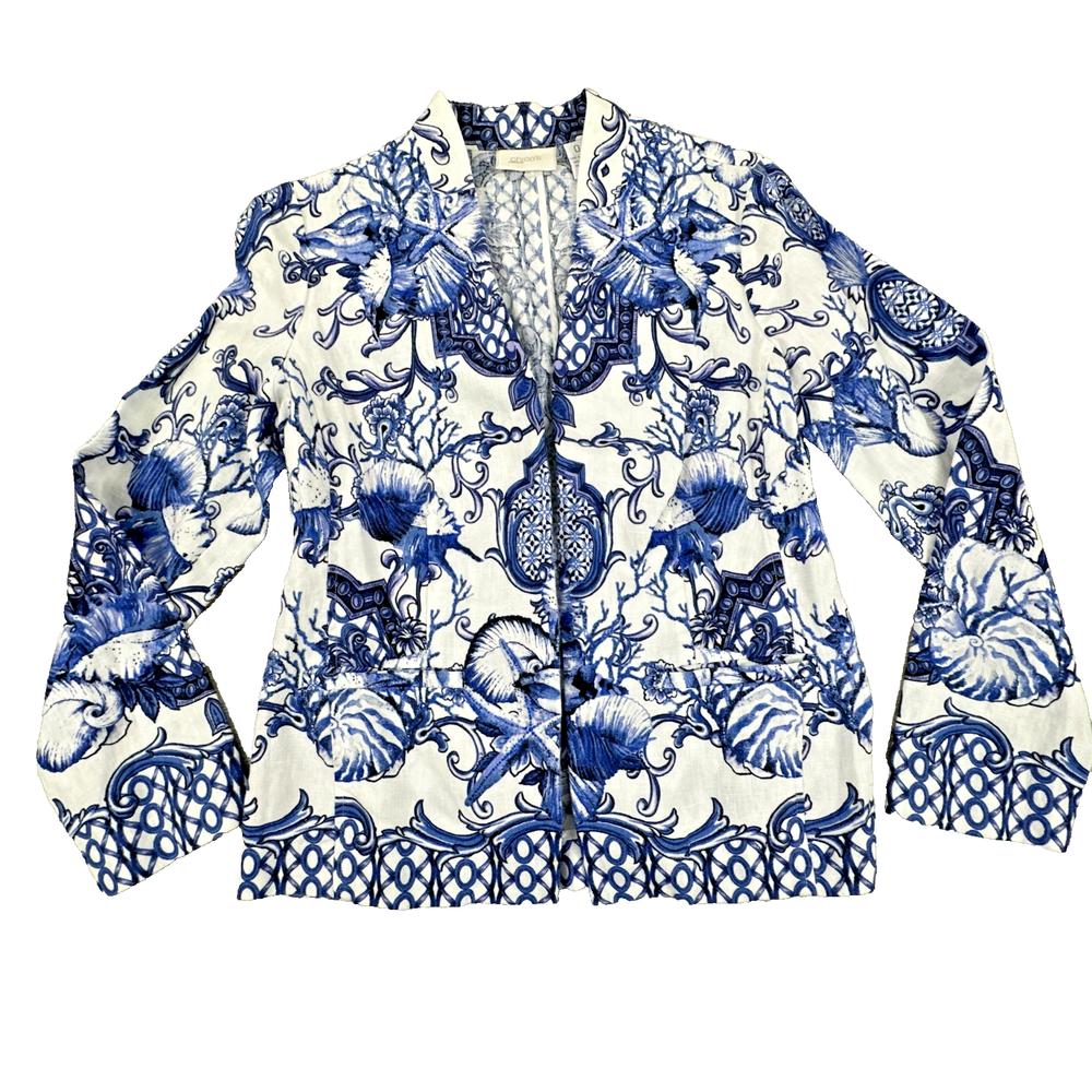 Chico's Women's Blue White Floral Linen Open Front Blouse Top Size 0 (Small/4)
