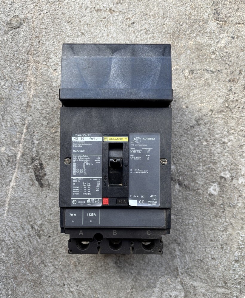 Square D HGA36070 3 Pole 70 Amp 600 Volt I-Line PowerPacT Circuit Breaker