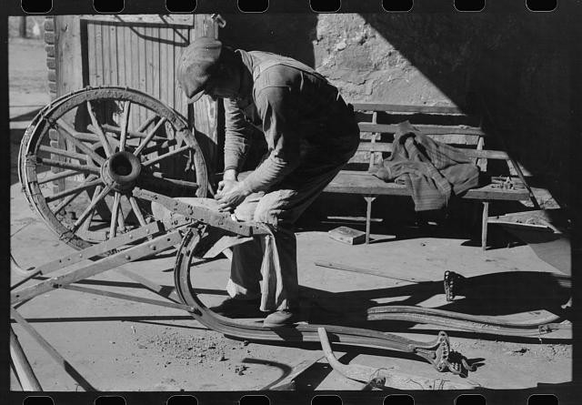 Photo:Depew Oklahoma Pomp Hall blacksmith shop plow repair 1940s