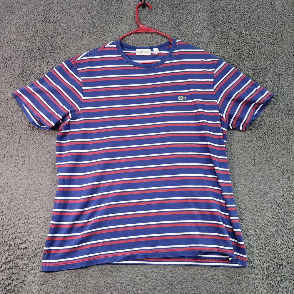 Lacoste Shirt Mens 2XL Blue Striped Regular Fit Croc Logo Short Sleeve Tee Peru