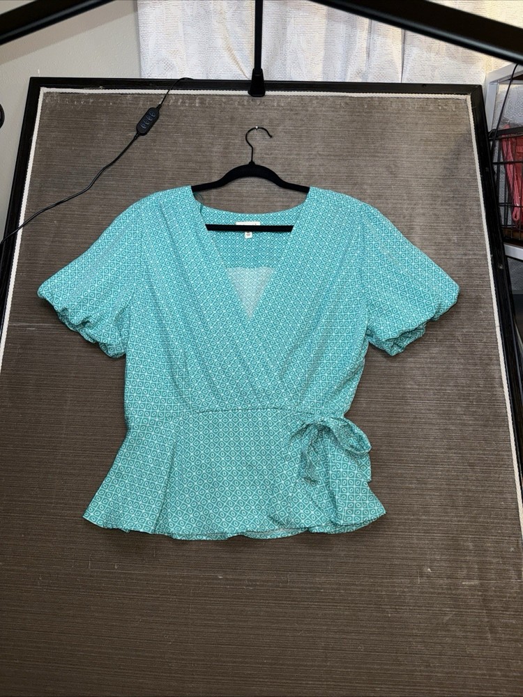 Meraki Faux Wrap Peplum Blouse Puff Sleeve Women’s XL Teal Turquoise Summer Date