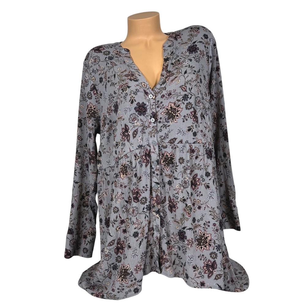Torrid Womens Plus Size 2 Floral Babydoll Tunic Top Long Sleeve Grey Purple Boho