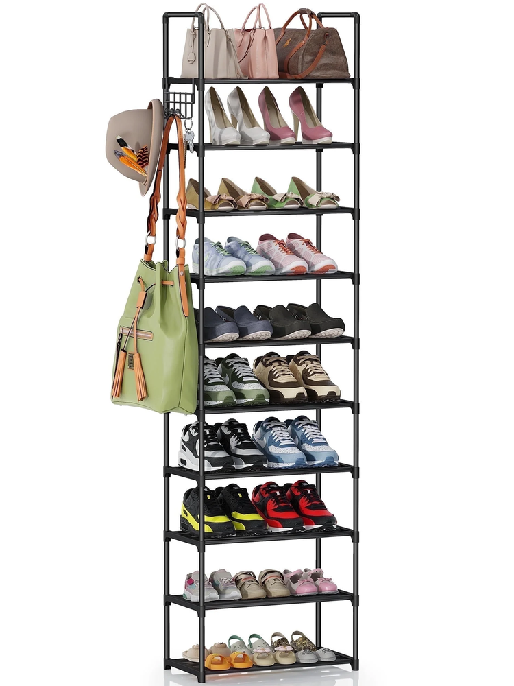 10-Tier Black Metal Shoe Rack Organizer Holds 20-24 Pairs