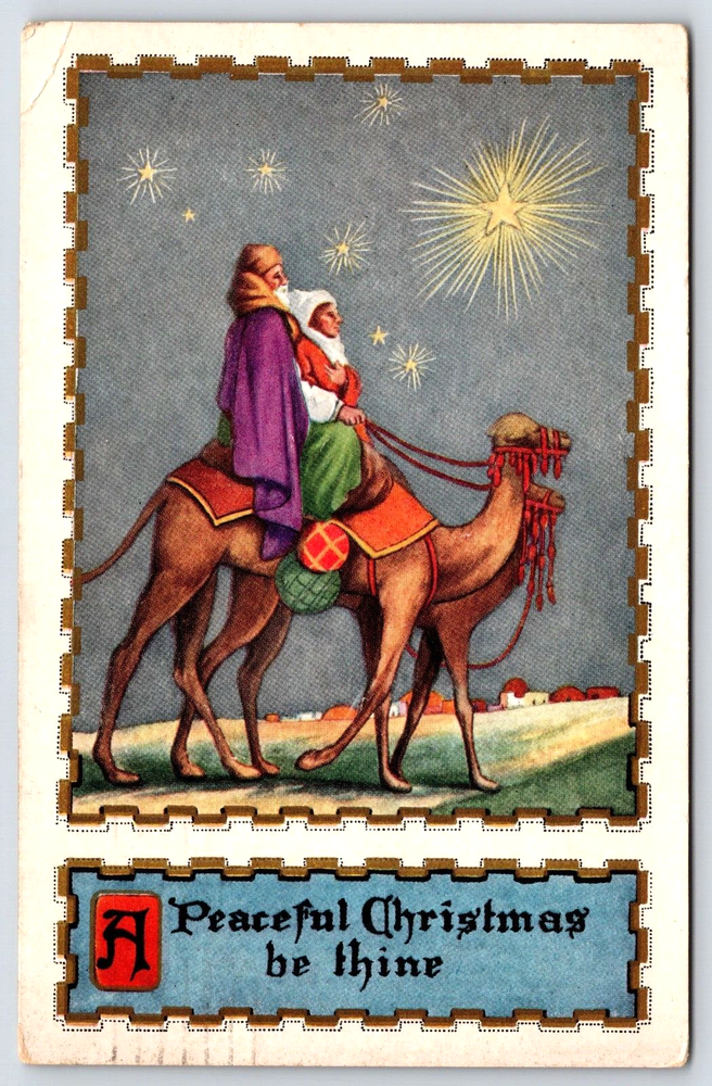 Vintage Old Antique Postcard Christmas Holiday Peace Camels Stars Embossed 1922