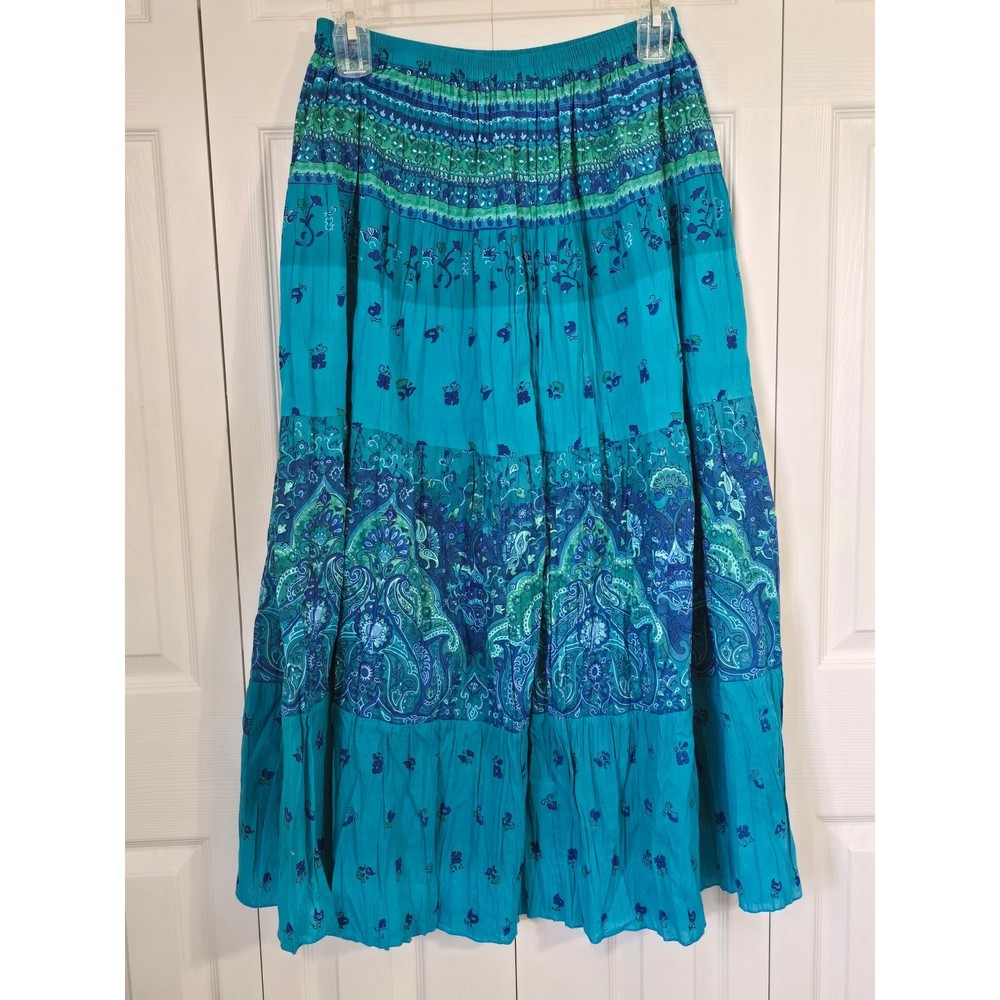 Phool Teal Blue Paisley Cotton Tiered Bohemian Maxi Skirt Womens Medium India