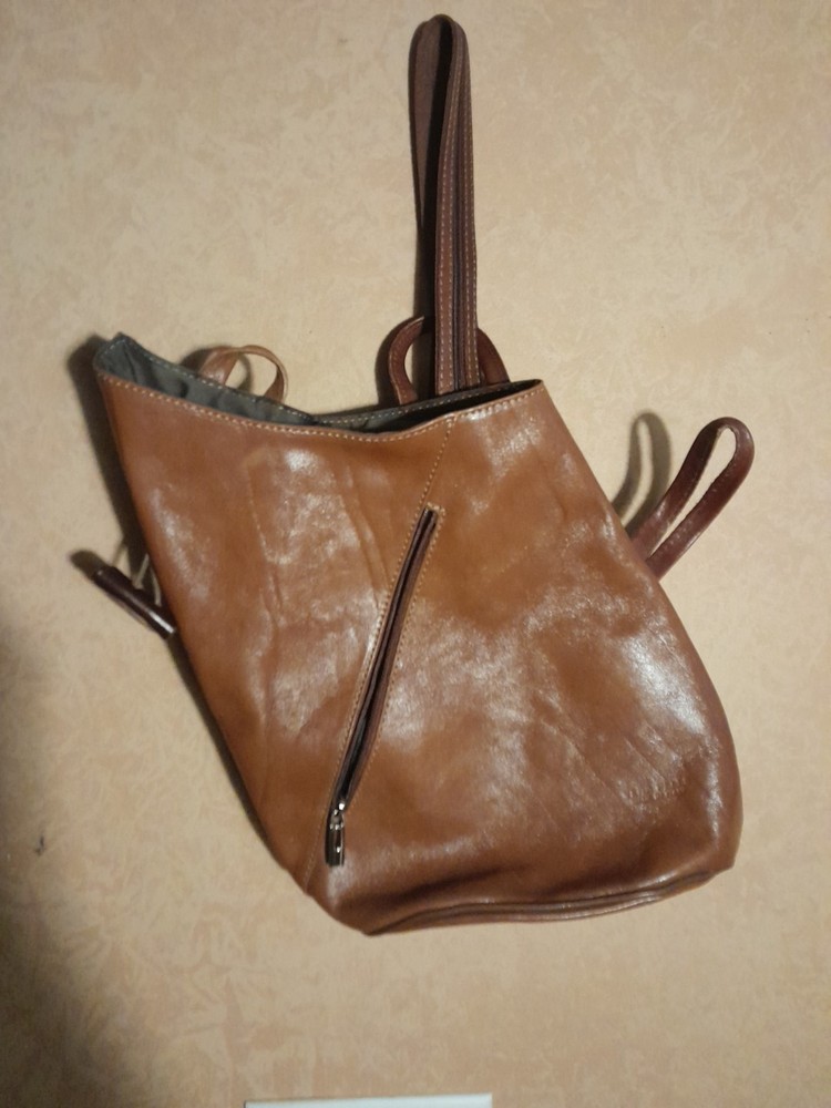 Vera Pelle Brown Leather Crossbody Bag Backpack Made In Italy Toggle Close