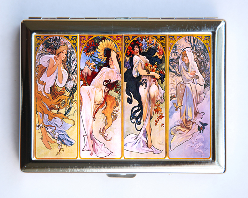 Art Nouveau Girls Cigarette Case id case Wallet Business Card Holder seasons