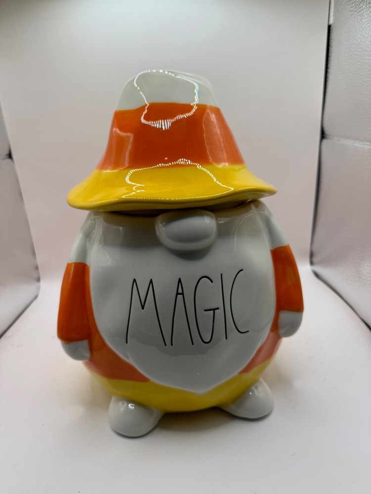 Rae Dunn “MAGIC“ Candy Corn Halloween Ceramic Gnome Canister VHTF NIP