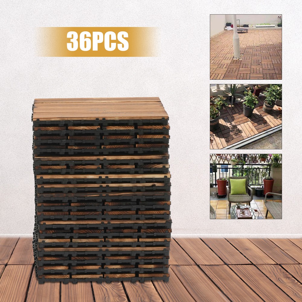 36Pcs 12''x12'' Hardwood Interlocking Patio Deck Tiles Wood Flooring DIY Outdoor
