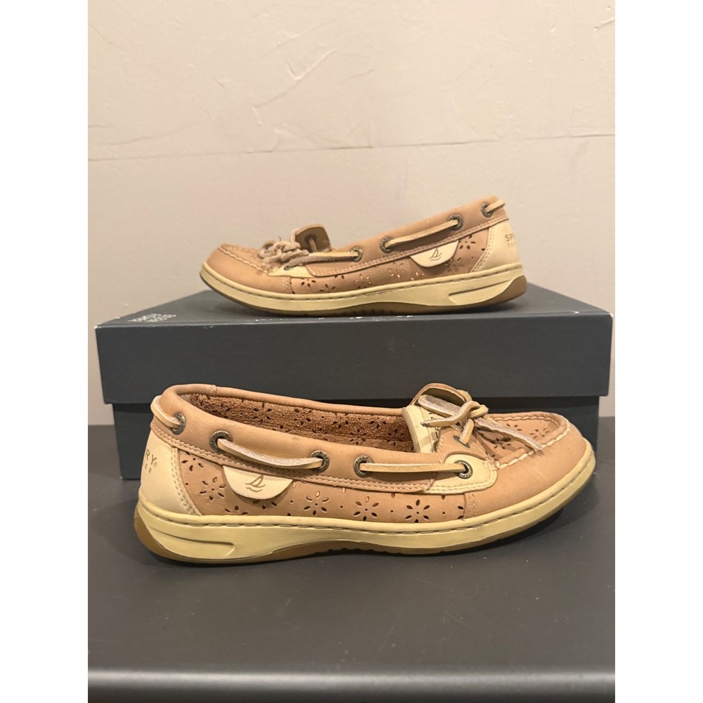 Sperry Top Sider Womens Perforated Boat Shoes Tan Leather Lace Up  Size 6.5