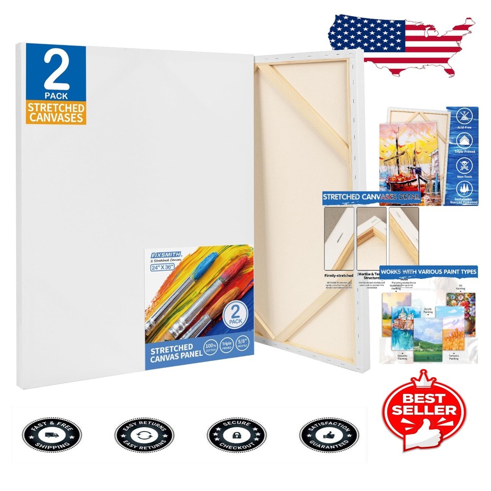 Large 24x36 Inch Blank Canvas Pack - 100% Cotton, 2 Count, Primed for Painting