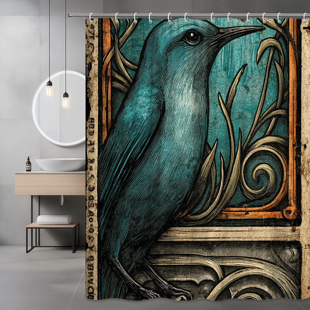 Blue Bird Shower Curtain Vintage Botanical Art Print