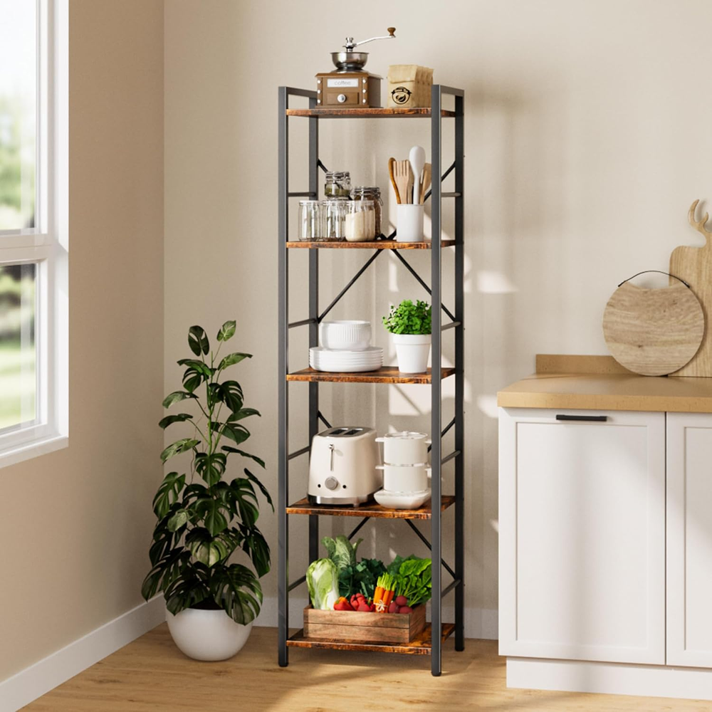 5 Tier Tall Wood and Metal Bookshelf with Open Shelves for Office