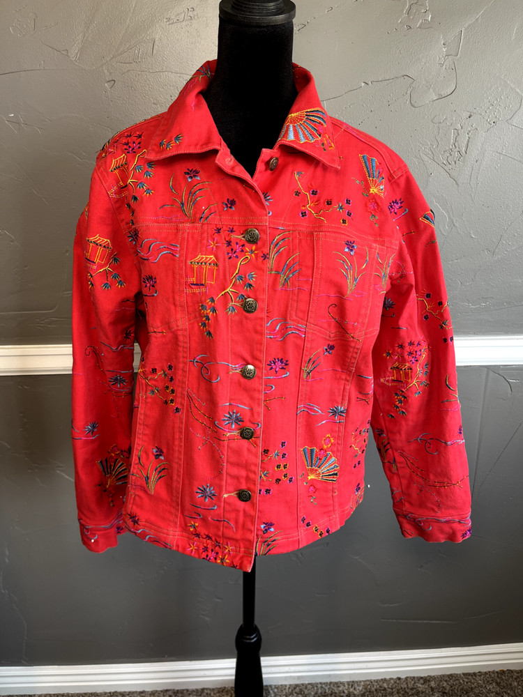 Vintage GW Jeans Jacket 90's Women's Size L Red Asian Inspired Embroidered Denim