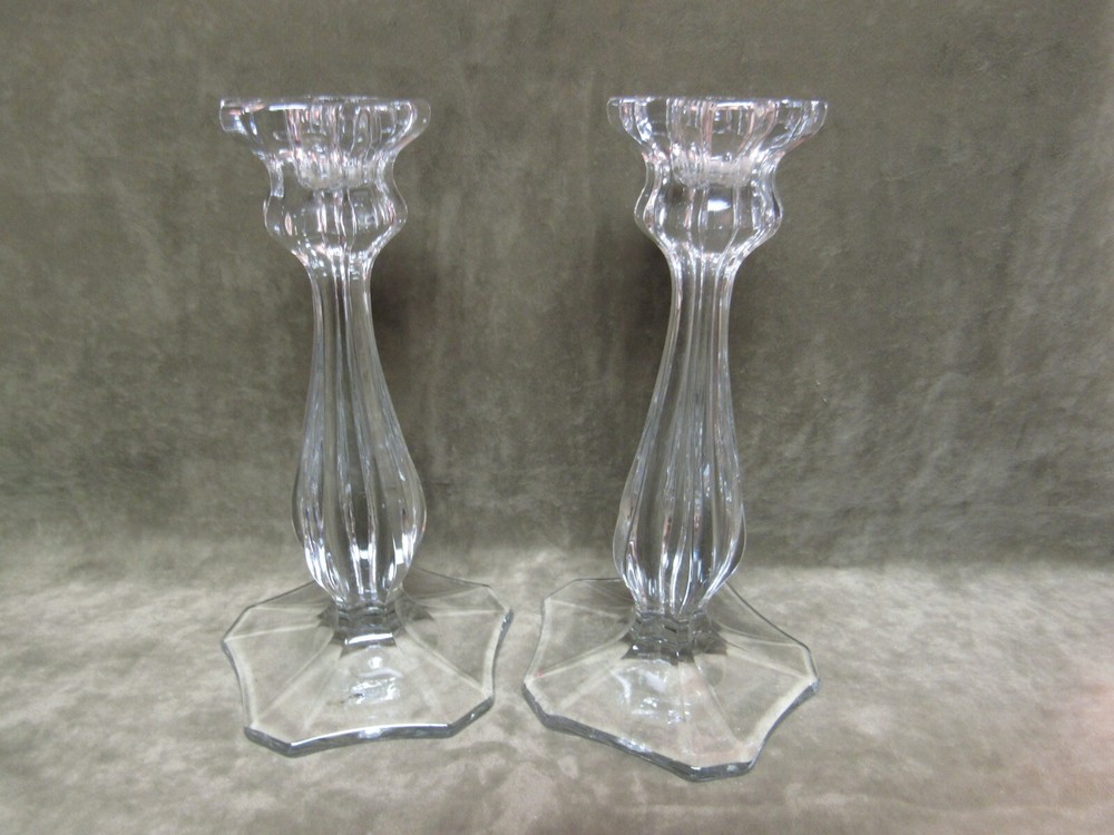 Vintage Hand Blown Tall Candlesticks Candle Holders Pair Crystal Clear Pentagons