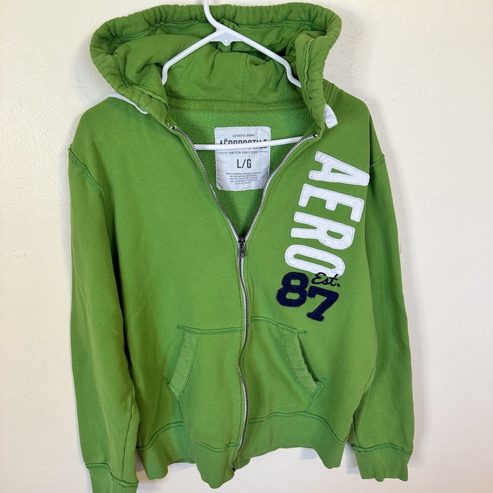 Aeropostale Lime Green Zip Up Hoodie Cotton Pockets Size Large Juniors Y2K