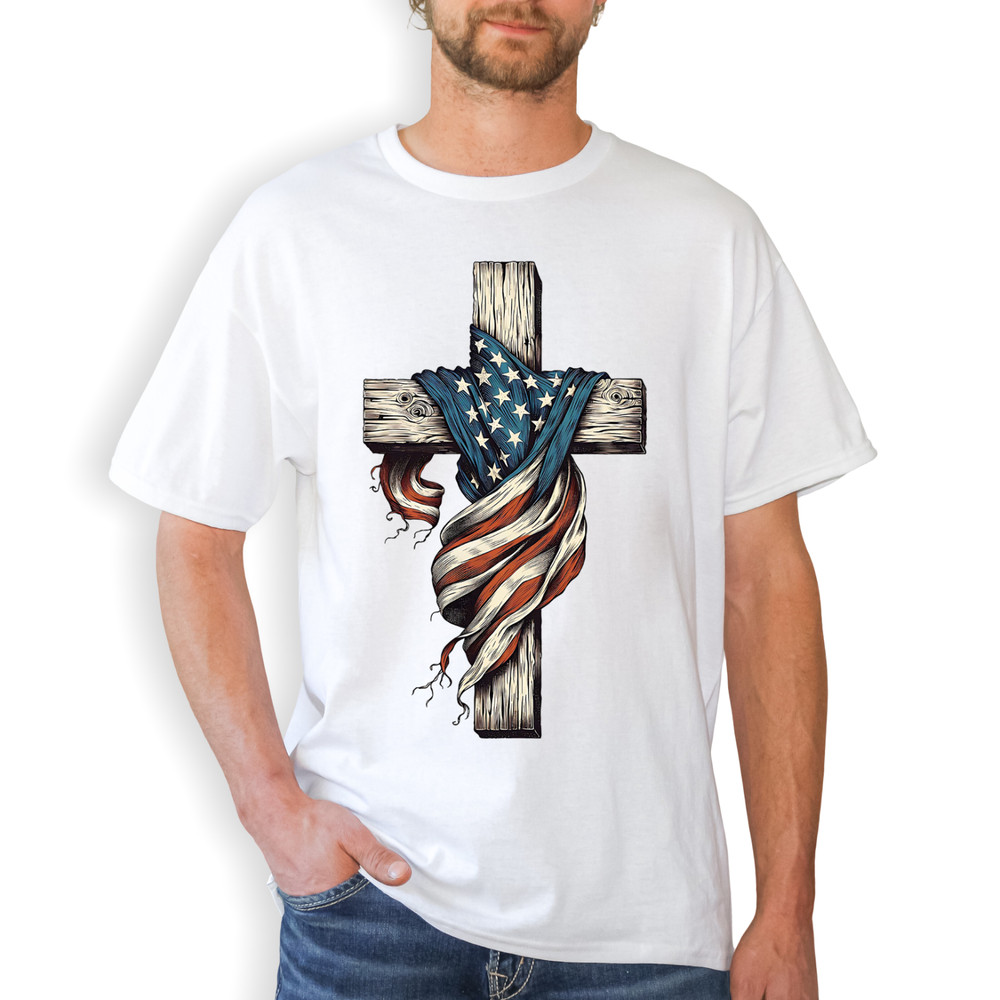 One Nation Under God Flag Cross Tee | Patriotic 4th of July Christian Shirt USA