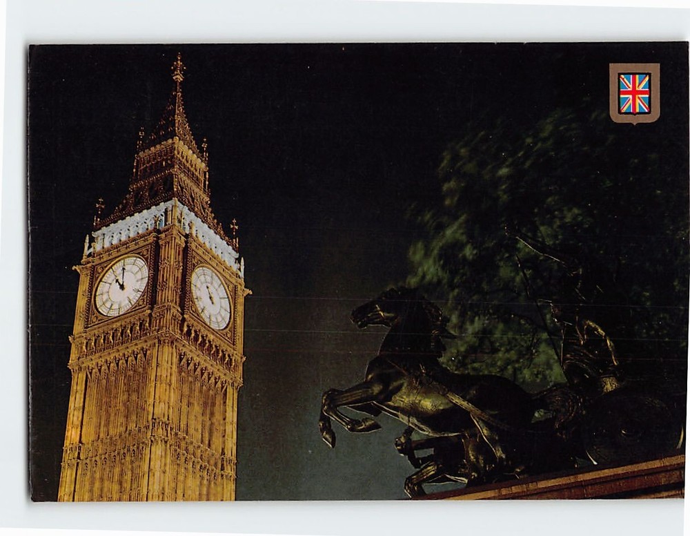 Postcard Big Ben & Boadicea Statue by Night London England