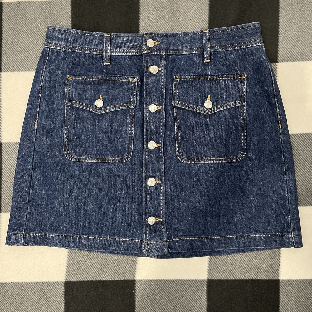 Loft Ann Taylor Women Skirt 12 Blue 100% Cotton Pockets Classic Preppy_ A