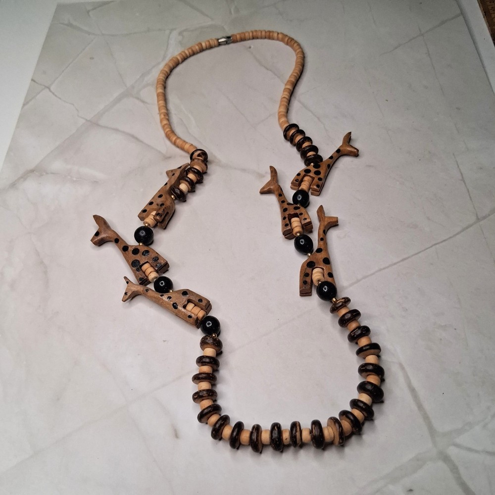 Wooden Giraffe Necklace Safari Zoo Animal Beaded Statement Jewelry Boho Vintage