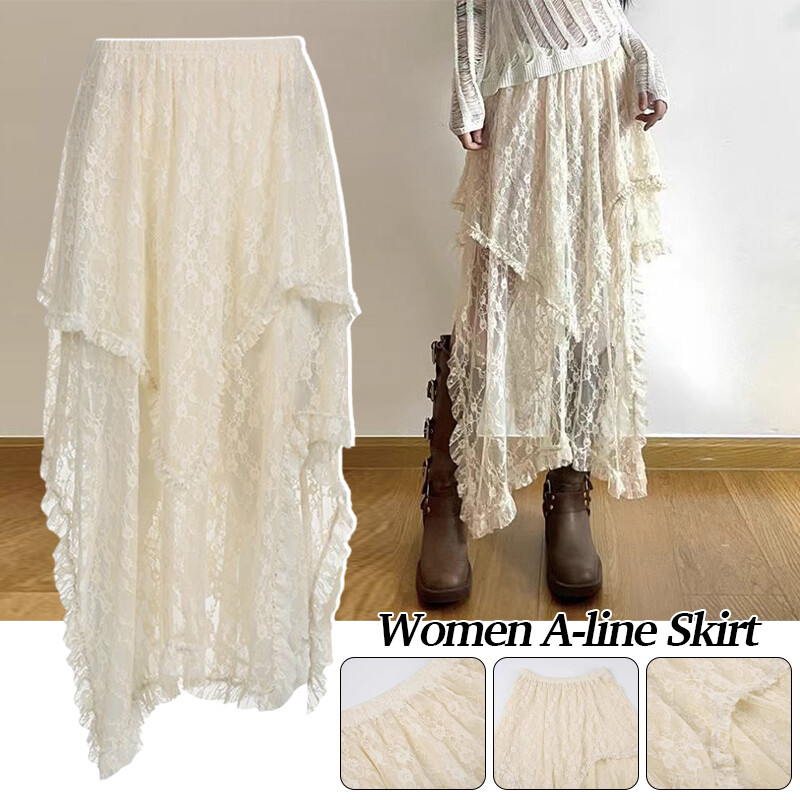 Women Floral Lace A-Line Skirt Elastic Waist Ruffled Hem Street Fashion