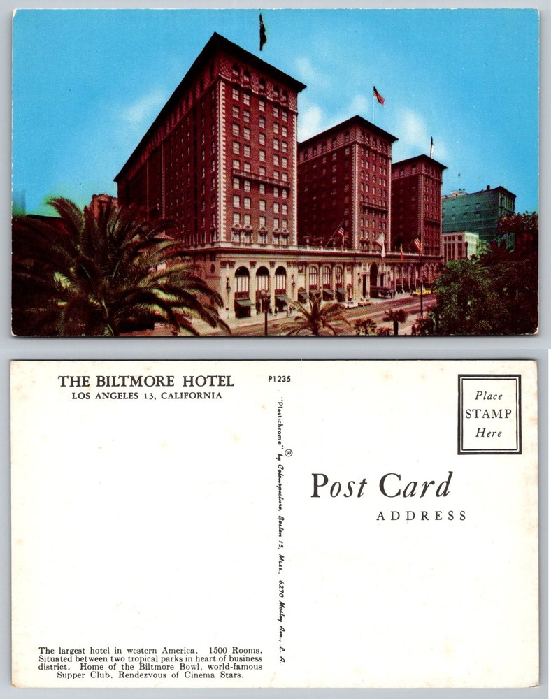 Biltmore Hotel Los Angeles CA Plastichrome Postcard Vintage Hollywood Landmark