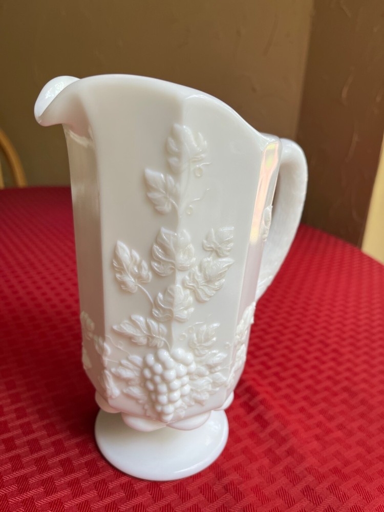 Vintage Westmoreland Milk Glass Footed Pitcher with Paneled Grape Design 8 Inches