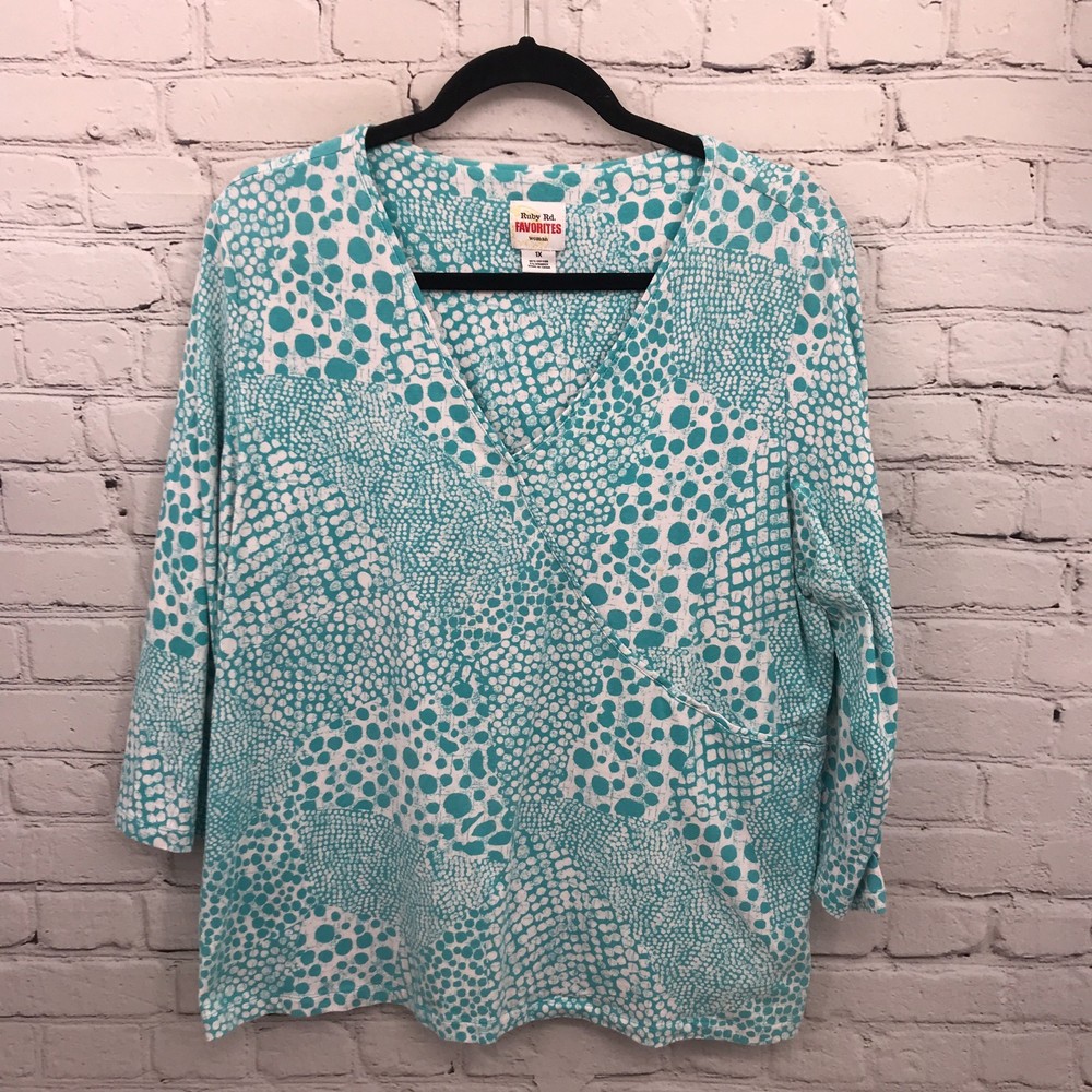 Ruby Rd Top Womens 1X Blue 3/4 Sleeve V-Neck Lightweight Casual Blouse Teal *