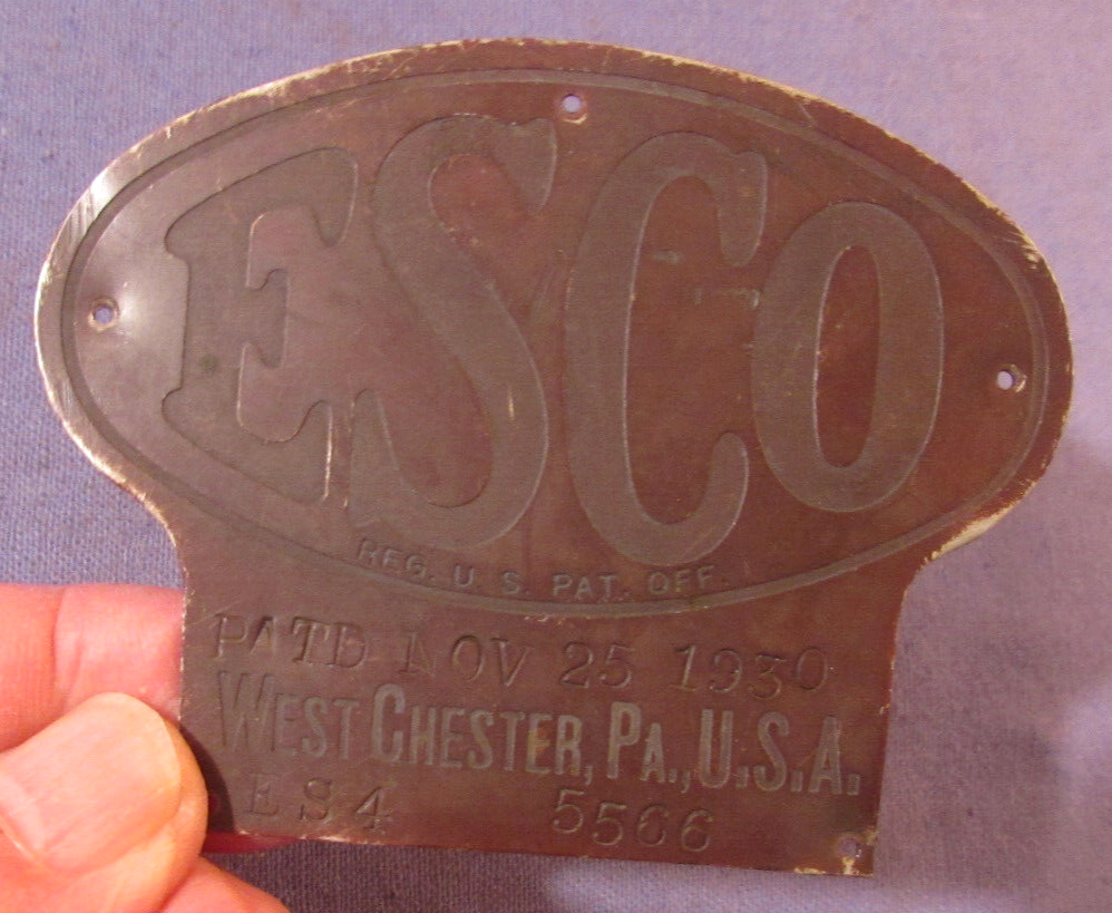 VINTAGE 1930 ESCO WEST CHESTER PA METAL NAME PLATE