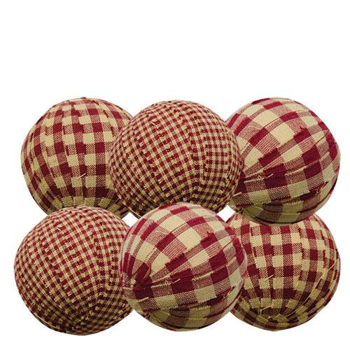Set of 6 Burgundy Tan Homespun Gingham Rag Balls  2.25