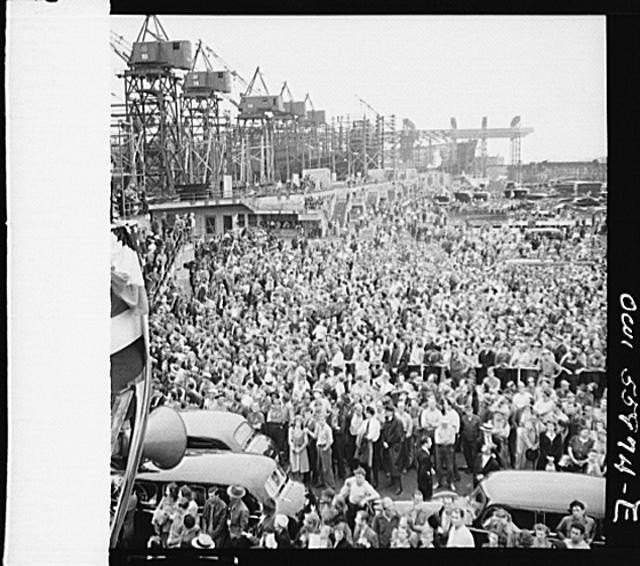 Photo:Industrial Shipyard Crowd Gathering 1930s Cranes Dock Workers