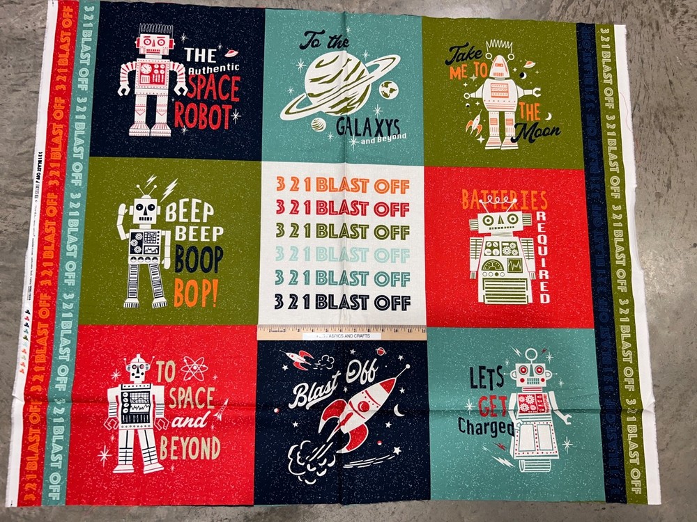 MODA 321 Blast Off  100% cotton fabric panel 36 x 44 - 9 blocks per panel Robots