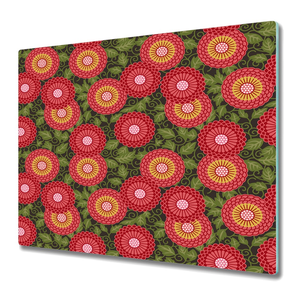 Glass Worktop Kitchen Chopping Board flowers red and green photo 60x52