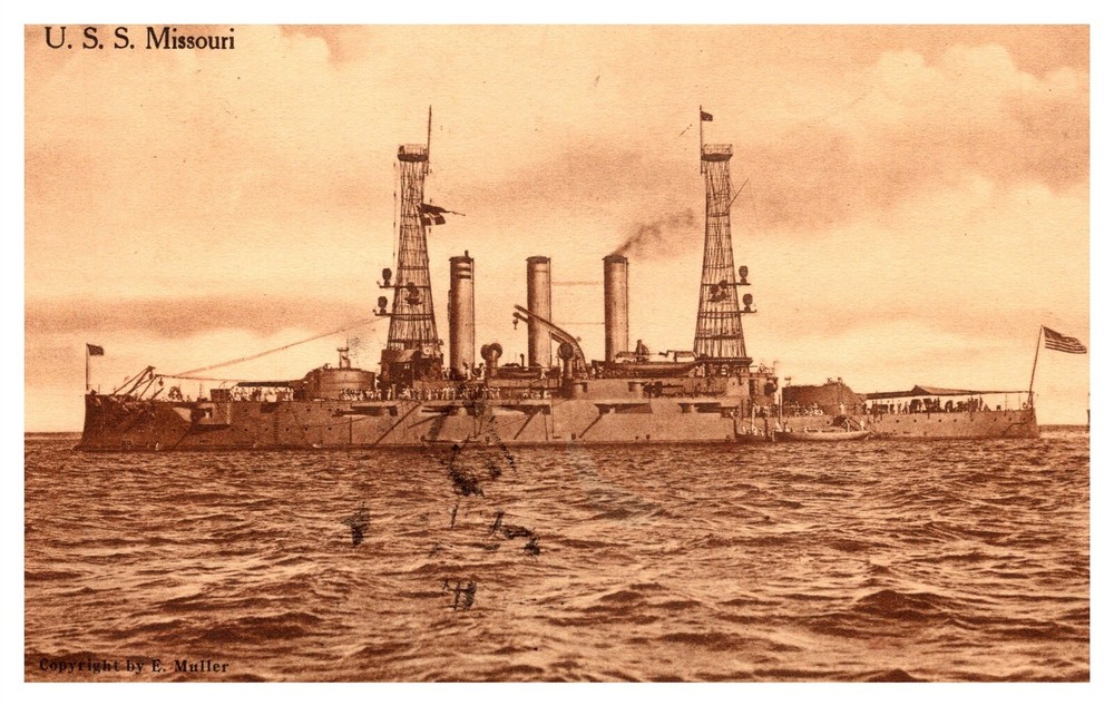 USS Missouri Navy WWI Maine Class Battleship C1901 Sepia Postcard AE18