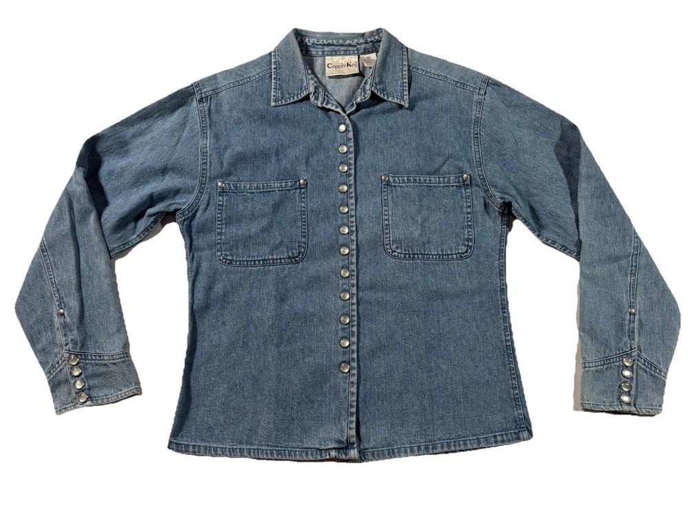 Copper Key Women’s Sz M Denim Long Sleeve Pearl Snap Button Up Shirt W/ Pockets