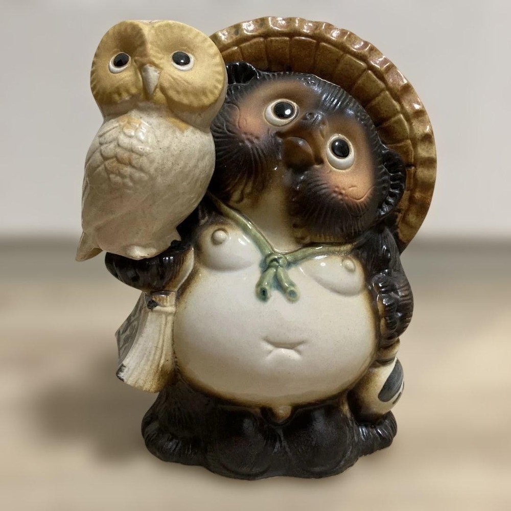Shigaraki Ware Raccoon Owl Figurine Ceramic Decor Traditional Japanese Art