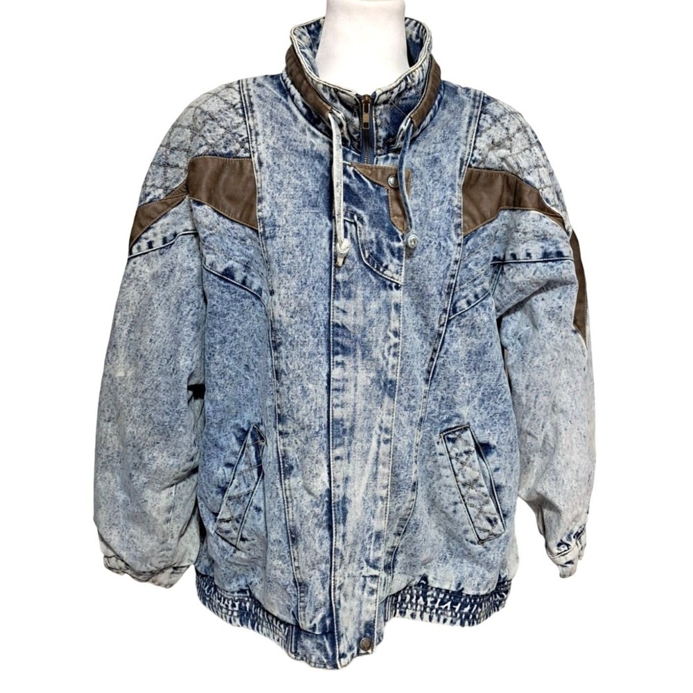 Acid Wash Denim Jacket Distressed Blue Jean Womens Size 18 W Pleather Accents Az-image