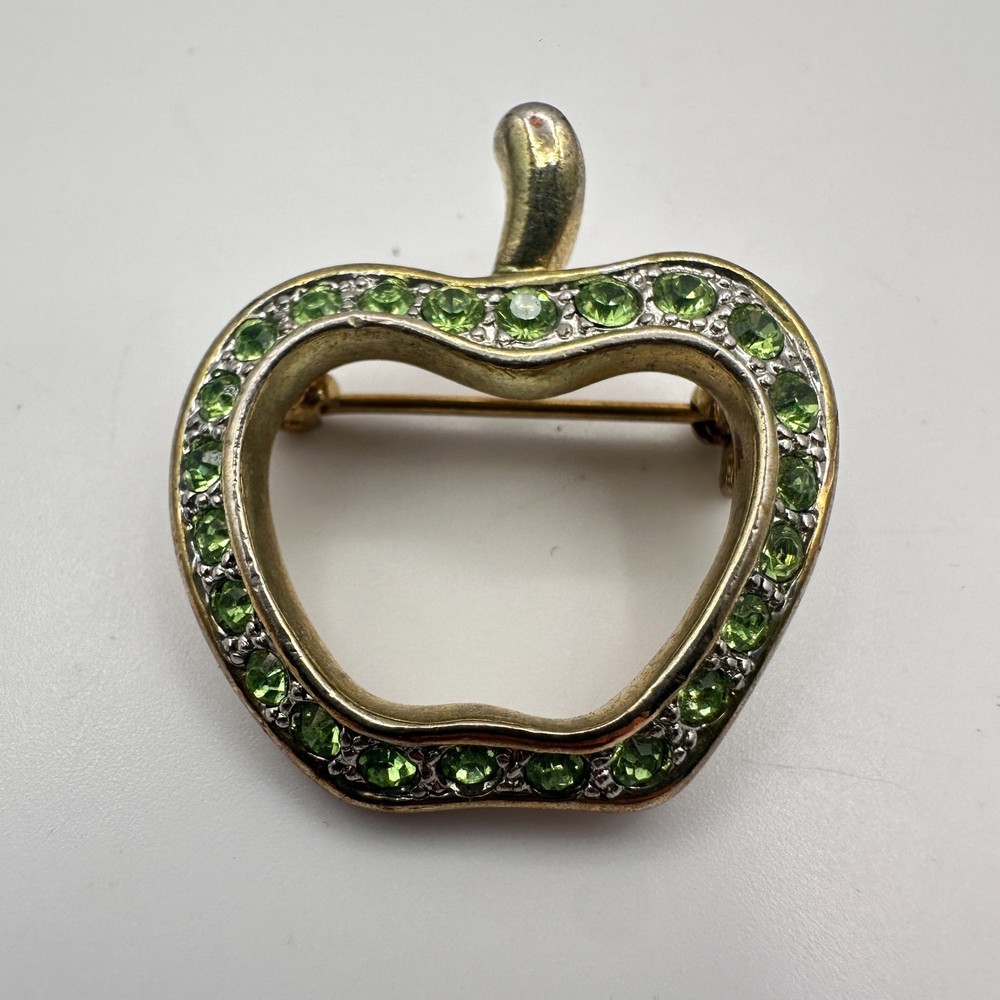 Vintage 90s Gold Tone Green Stone Apple Brooch Pin Women's Classic Jewelry