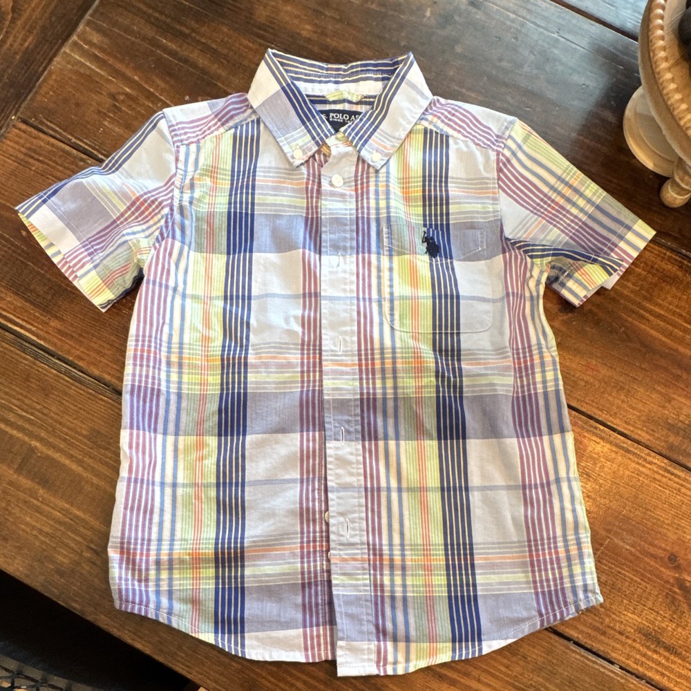 U.S. Polo Assn. Boys Plaid Short Sleeve Button-Up Shirt Logo Woven M 10-12