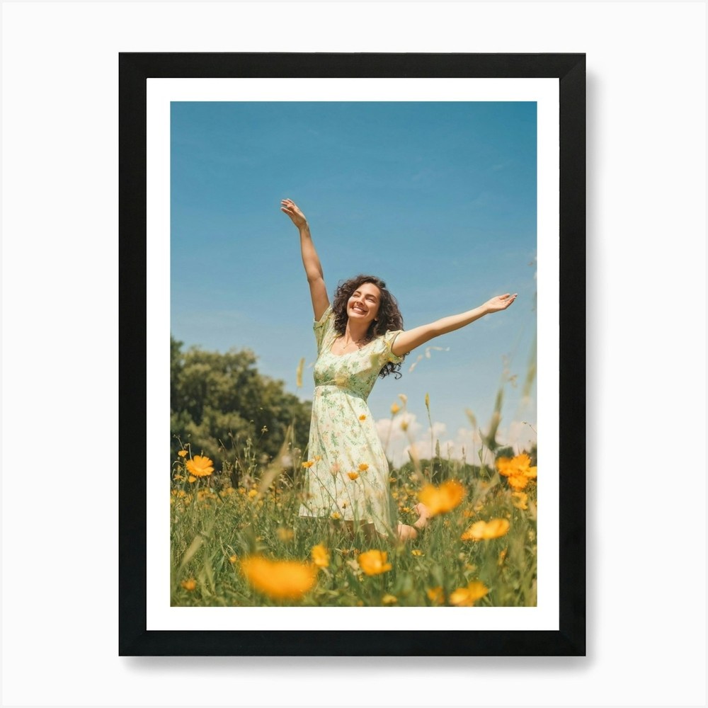 Happy Woman In A Field Art Print Framed Wall Art Poster Canvas Print Picture