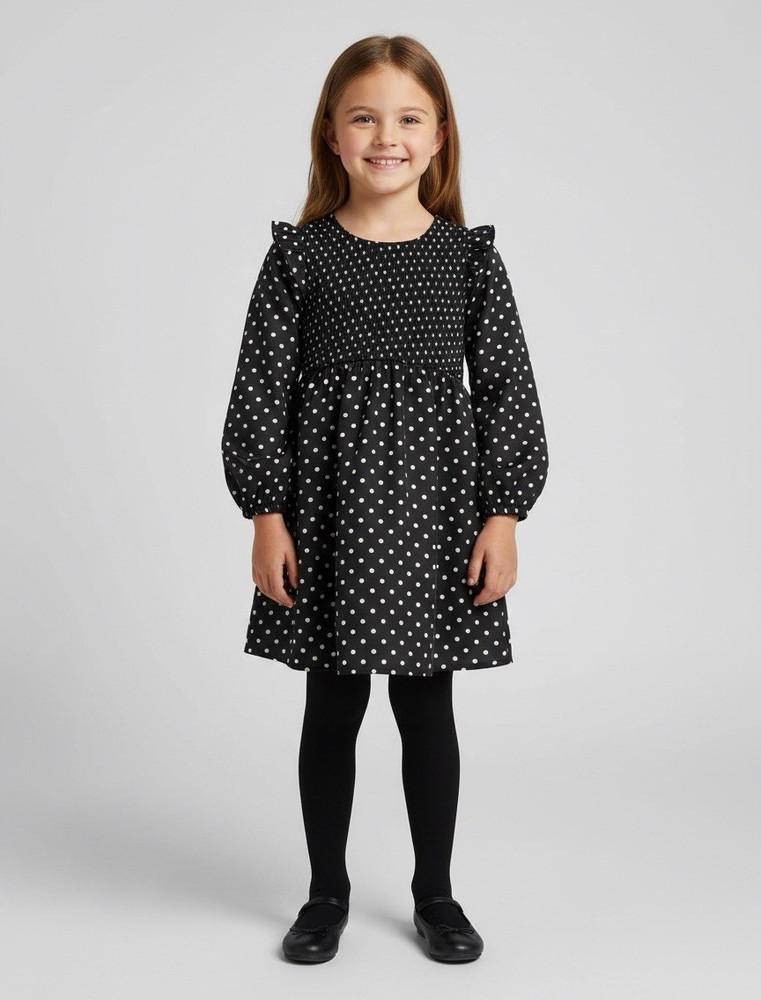 Gap Girls Size 5 Black/White Polka Dot Smocked Puff Sleeve A-Line Dress