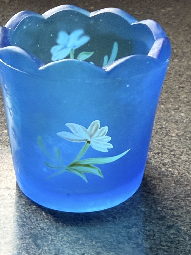 Vintage Hand Painted Daisy Floral Confederate Glass Votive Candle Holders Blue