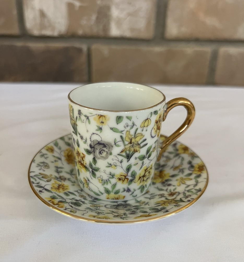 Inarco Straight Demitasse Cup and Saucer with Yellow Flowers, Gold Trim