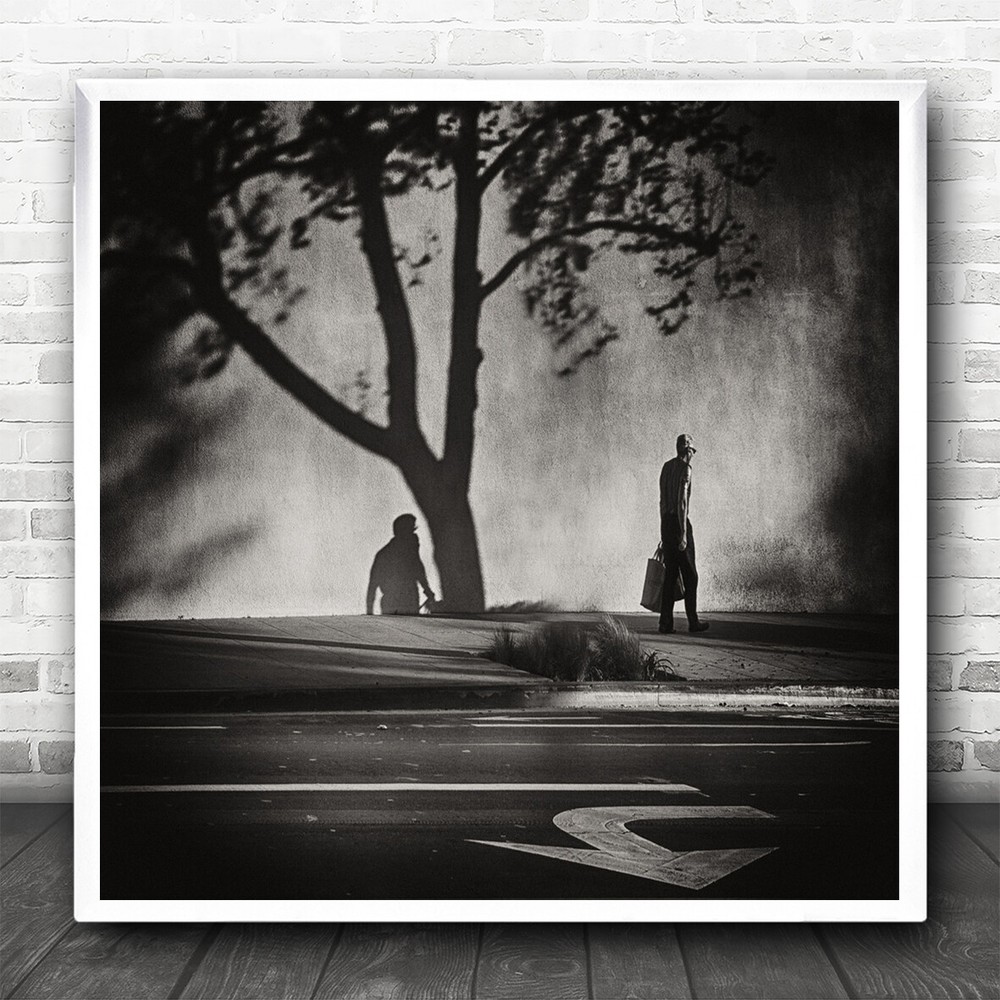 Street B&W Black White Man Shadow Sign Silhouette Tree Wall Square Art Print