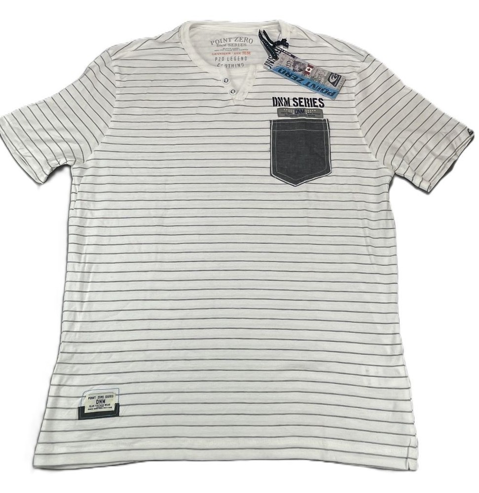 Medium Men's Point Zero Henley Collar Tee Shirt Short Sleeve White Grey Stripe
