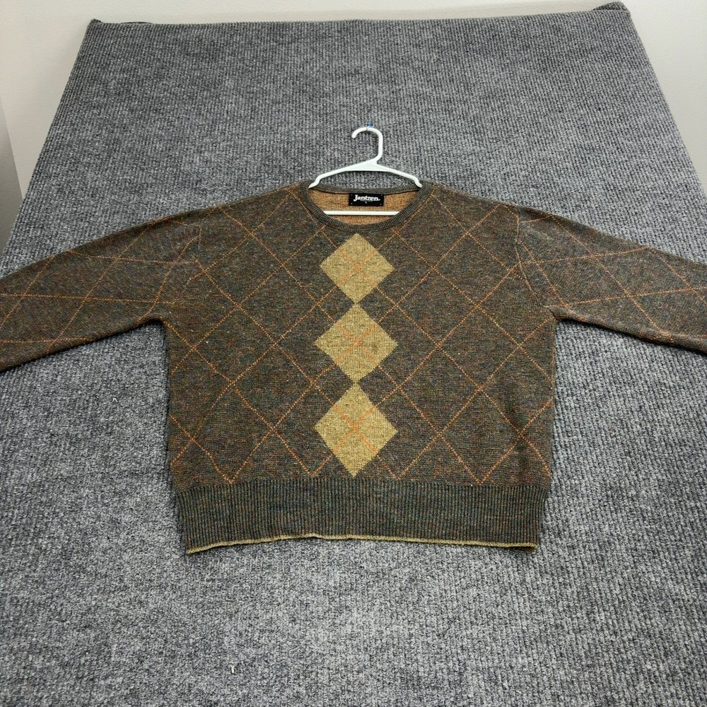 Vintage Jantzen Sweater Mens L Brown Wool Blend Argyle Crew Neck Preppy Retro
