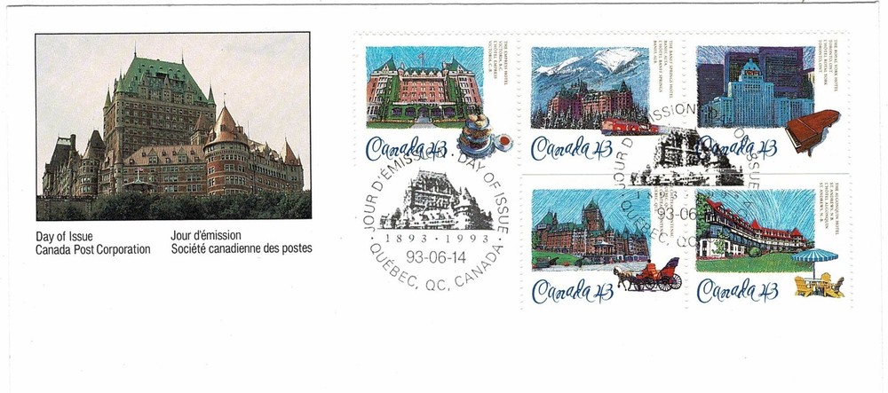 CANADA 1993 HISTORIC HOTELS SET OF 5 ON OFFICIAL FIRST DAY COVER FDC